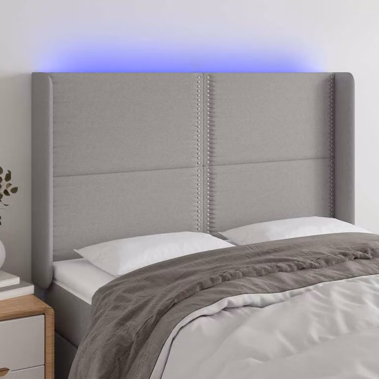 Testiera per letto con LED e porte USB vidaXL in tessuto grigio, L: 147 cm, P: 16 cm, H: 118/128 cm