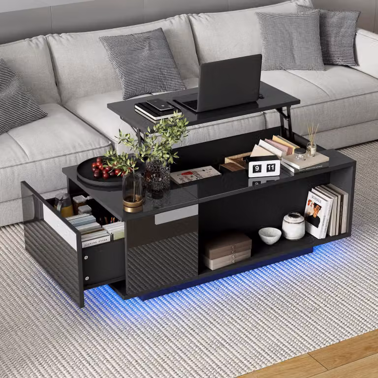 Tavolino MERAX 100×50×40 cm, tavolino da salotto regolabile in altezza con LED, tavolino elevabile con cassetto, portaoggetti nascosto e ripiano, nero lucido