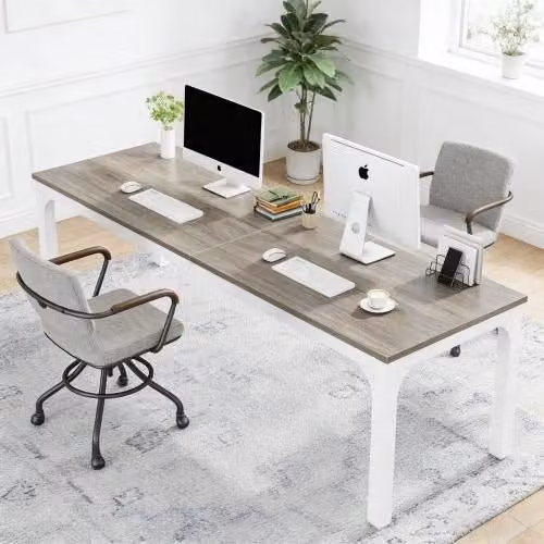 Scrivania da Computer REDOM in Metallo e Legno, Stile Industrial, Beige e Bianco, L: 200 cm, P: 70 cm, H: 75 cm