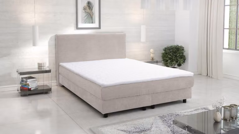 Letto con rete a molle, modello Glenn, 1 piazza, adatto per hotel, dimensioni 140x200 cm, con topper e rivestito in tessuto corda, colore beige