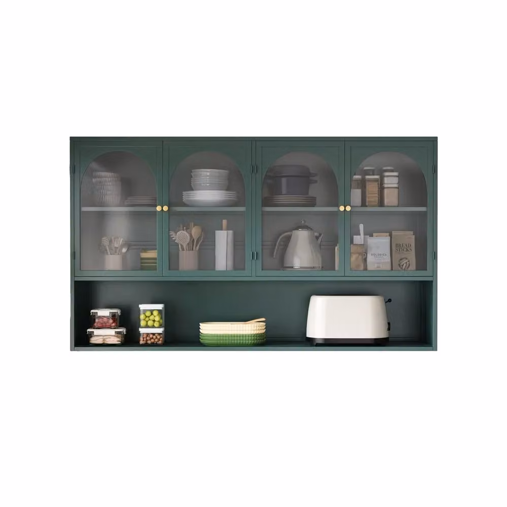Armadietto a parete Minimal con quattro ante in vetro grigio e struttura verde scuro per bagno, cucina o soggiorno – 2