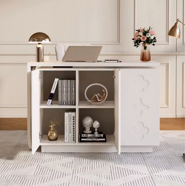 Scrivania angolare girevole a L 110 cm in MDF bianco con mobile contenitore