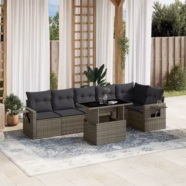 Set Divani da Giardino 7 pz con Cuscini Grigio in Polyrattan 3267920