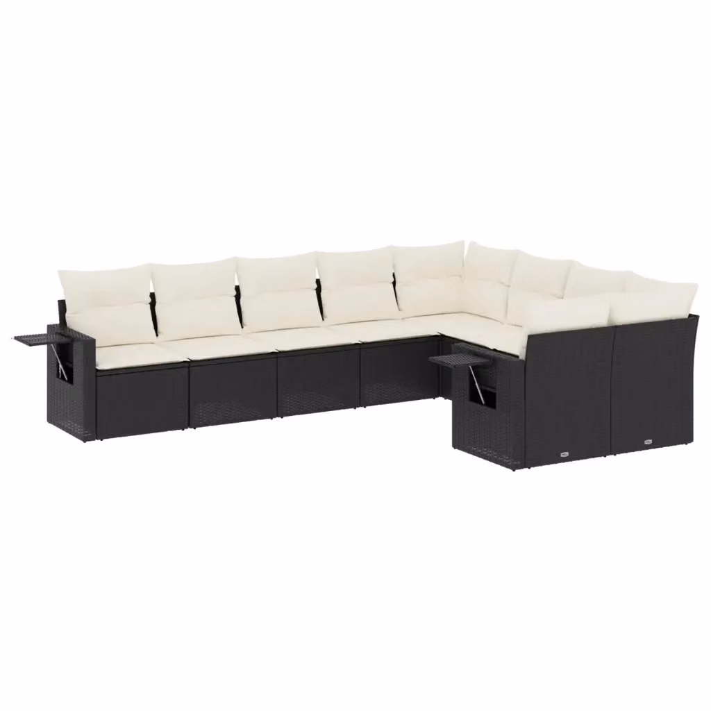 Set di divani da giardino vidaXL a forma di L composto da 9 pezzi con cuscini bianchi e struttura in polyrattan e metallo nero – 2