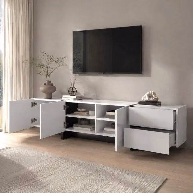 Mobile TV 190x35x45 cm bianco e nero in truciolare, 3 ante e 2 cassetti