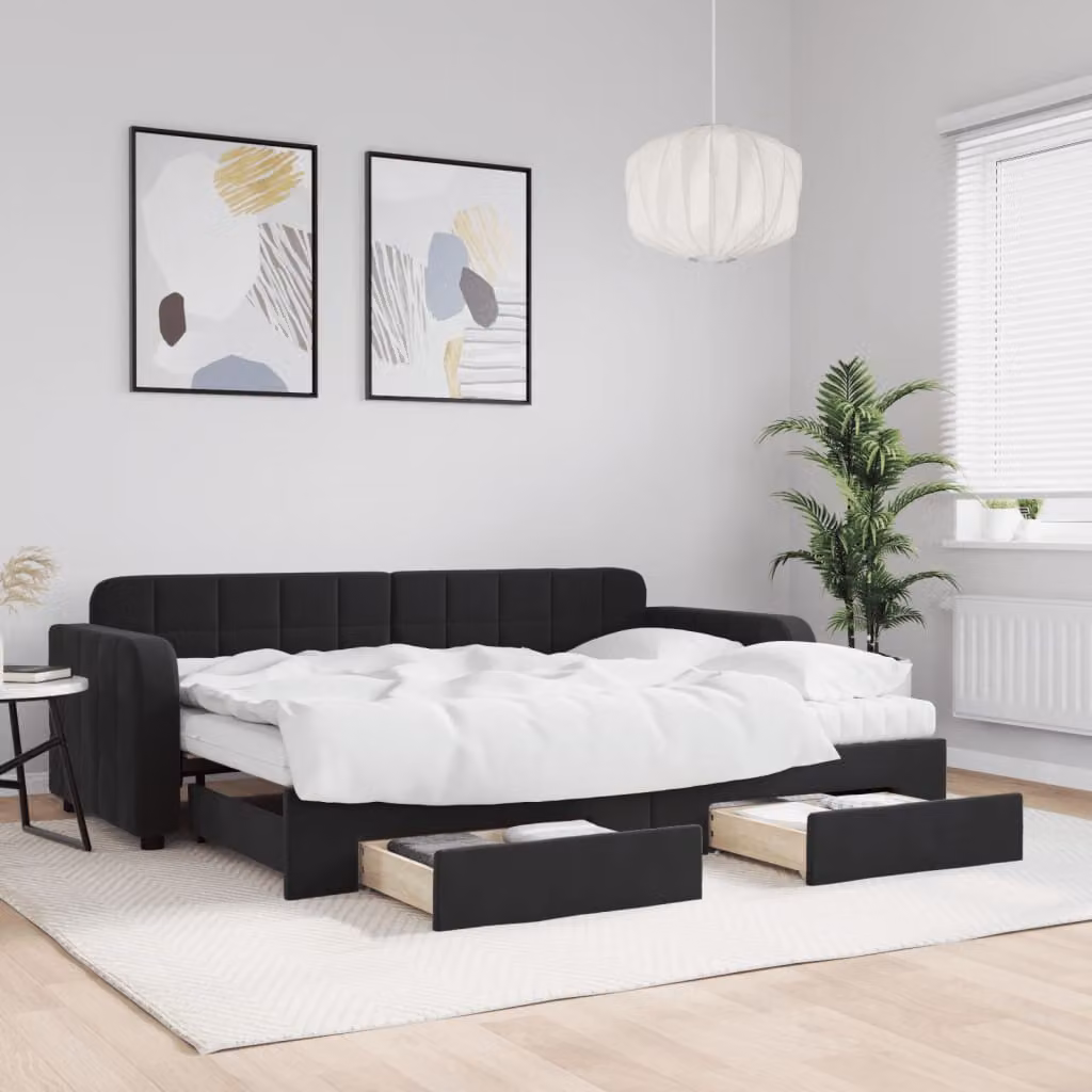 vidaXL Divano Letto Estraibile in Velluto Nero con Cassetti L/P/H: 223 x 80 x 91 cm