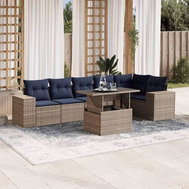 Set da giardino vidaXL in polyrattan grigio composto da 7 pezzi con cuscini inclusi