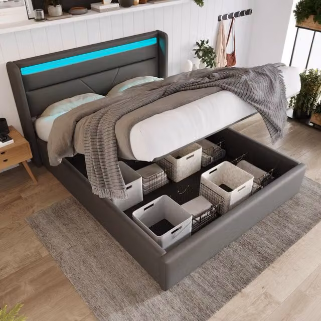 Letto contenitore matrimoniale 140×200 cm con illuminazione LED regolabile e vano idraulico, senza materasso, grigio