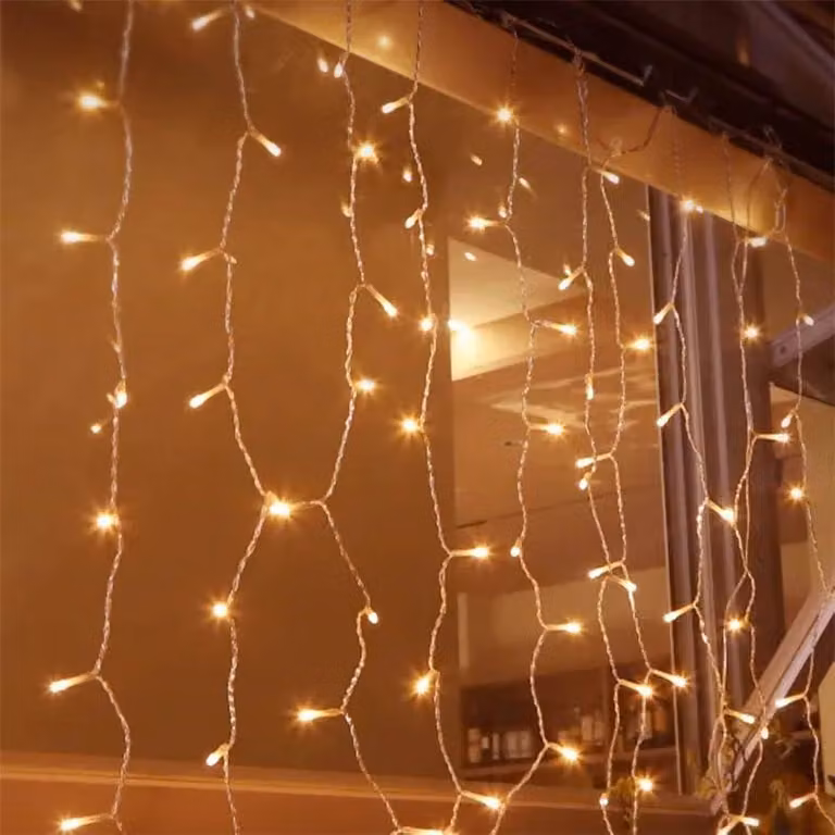 Illuminazione a tenda, luce bianco caldo, 1x1 metro, 100 LED, alimentazione a batteria