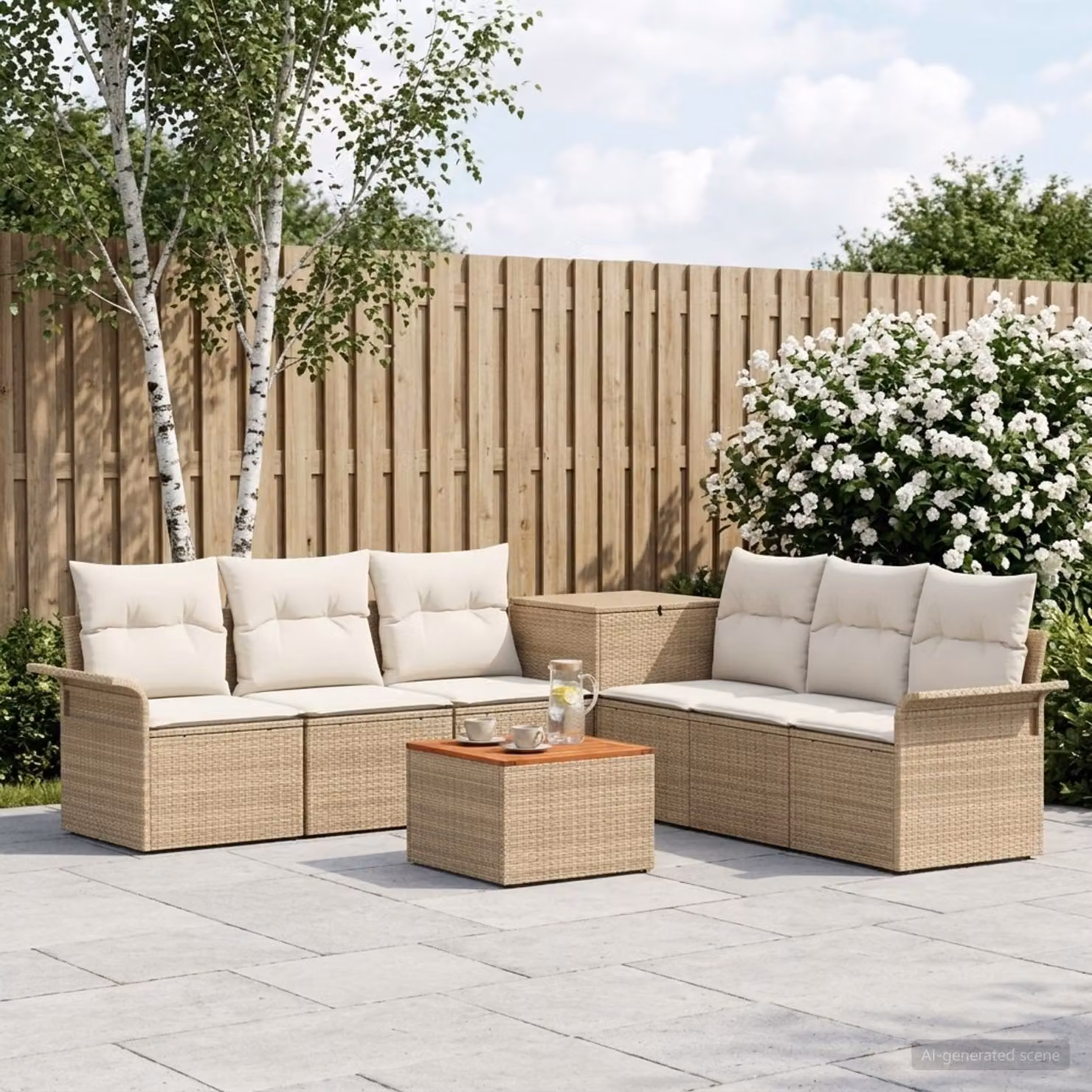 Set di divani da giardino a forma di U vidaXL 8 pezzi con tavolino da caffè, colore beige e bianco crema