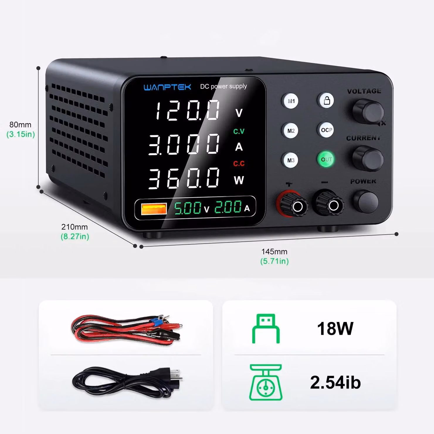 Alimentatore da laboratorio DC - TPS-C 120V 3A 360W - Tensione e corrente regolabili - Uscita USB - Protezione da sovracorrente (OCP) - Funzione di memorizzazione