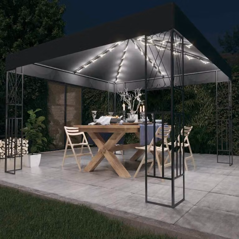 vidaXL Gazebo con Stringa di Luci LED in Tessuto Antracite e Bianco, L: 300 cm, P: 300 cm, H: 260 cm