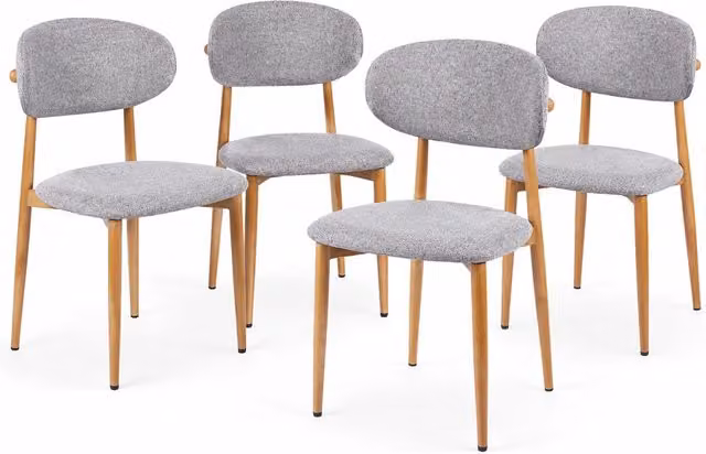 Set 4 Sedie da Pranzo con Gambe in Metallo Effetto Legno e Seduta Tessuto Grigio