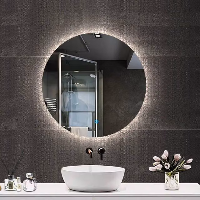 Specchio da bagno rotondo Aica con LED dimmerabile, funzione antigrandine e memoria, Diametro: 80 cm