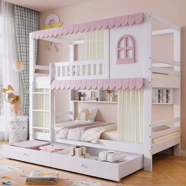Letto a castello per bambini con finestre e tende, 90x200 cm, bianco/rosa