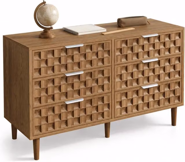 Credenza 120x37x77 cm con 6 cassetti in MDF; finitura rovere e maniglie in metallo