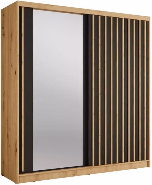 Armadio KAZU a 2 porte scorrevoli con specchio in rovere e grigio grafite 205 cm