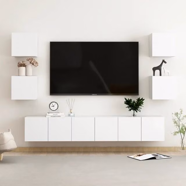 Set di mobili porta TV moderno vidaXL in legno bianco opaco, 7 pezzi da appendere alla parete