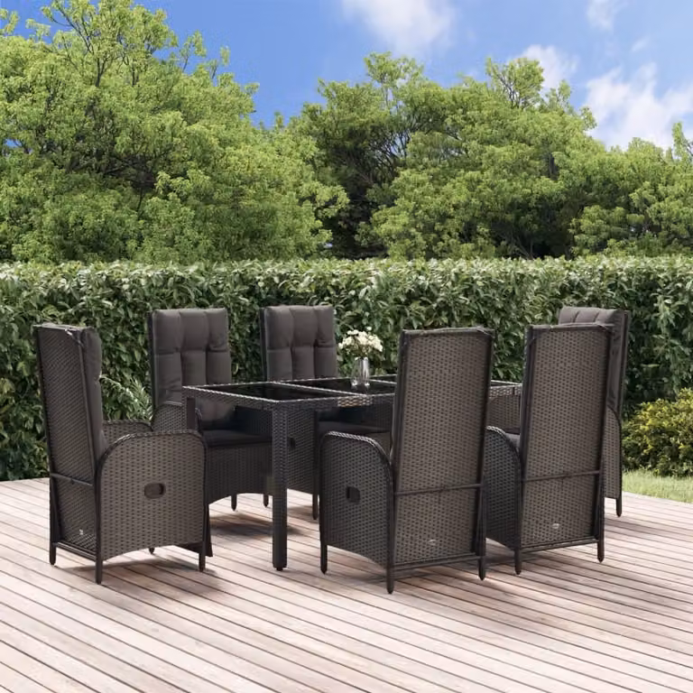 The Living Store Set da pranzo da giardino 7 pezzi con cuscini in polirattan nero