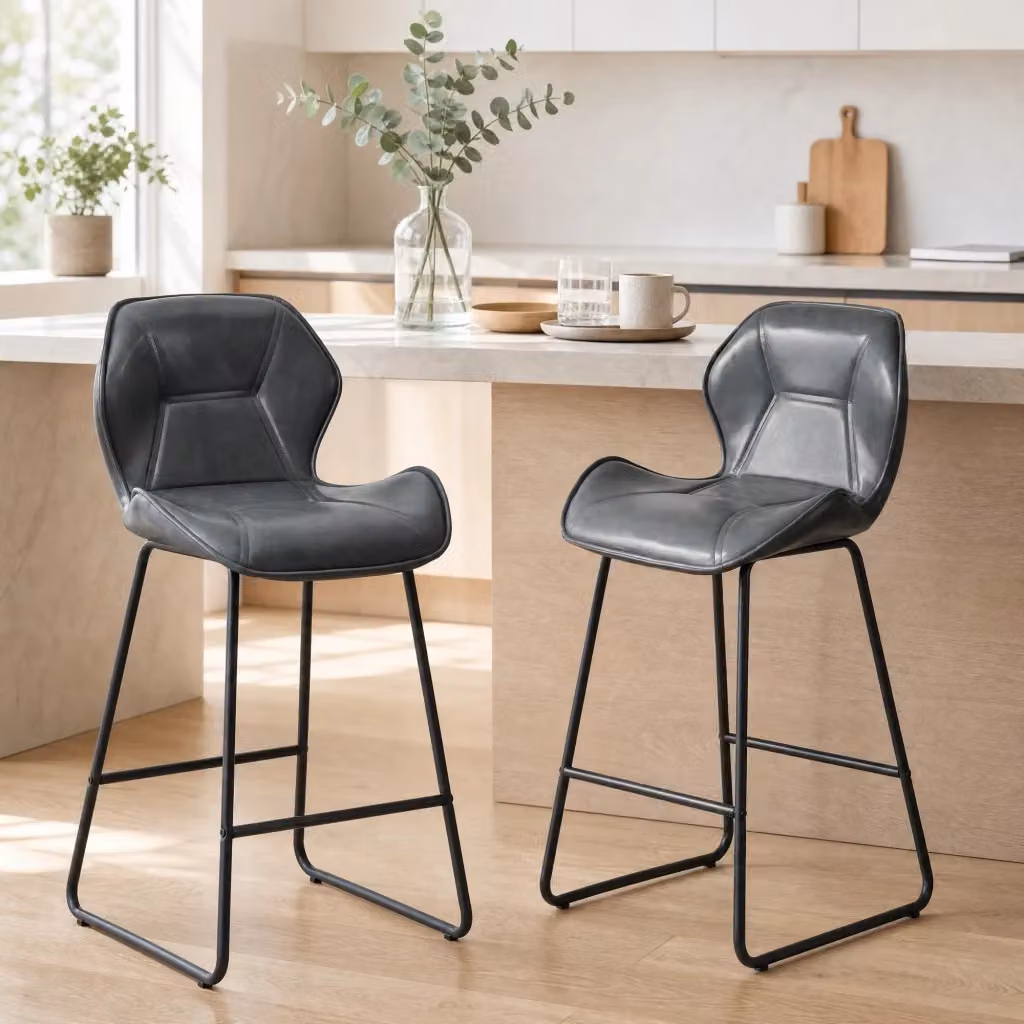 Set da 2 sgabelli bar REDOM in similpelle grigia e nera con schienale e poggiapiedi in metallo per cucina e sala da pranzo – 2