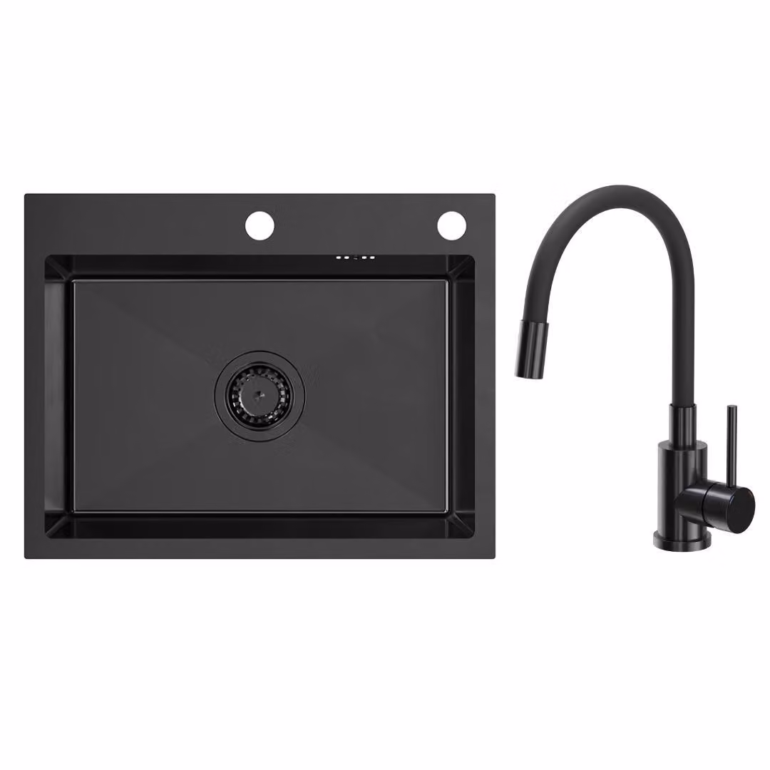 VBChome Lavello 58 x 45 x 20 cm Nero Acciaio inossidabile con rubinetteria di alta qualità Più flessibile – Design intramontabile per ogni cucina