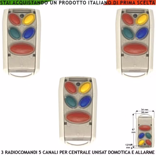 Set di 3 radiocomandi bidirezionali Securvera a 5 canali con frequenza 868 MHz, colore bianco, per attivazione e disattivazione totale o parziale, soccorso e panico, compatibili con centrale Unisat2
