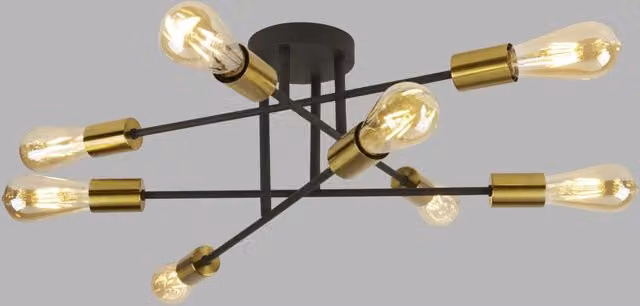 Plafoniera Armstrong in metallo nero e ottone con 8 luci E27 per soggiorno e camera da letto
