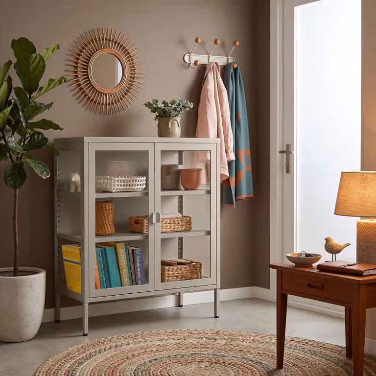 Vetrina moderna tectake in metallo e vetro con ante in vetro, colore beige, L: 80.0 cm, P: 25.0 cm, H: 90.5 cm