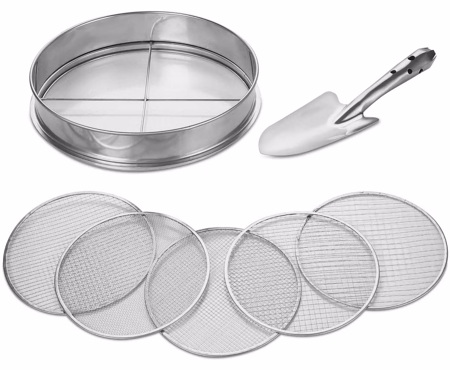 Set di 5 setacci da giardino in acciaio inossidabile, resistenti e duraturi. Dimensioni delle maglie: 3/6/9/10/12 mm. Utensili da giardino. Include una pala. Setaccio removibile