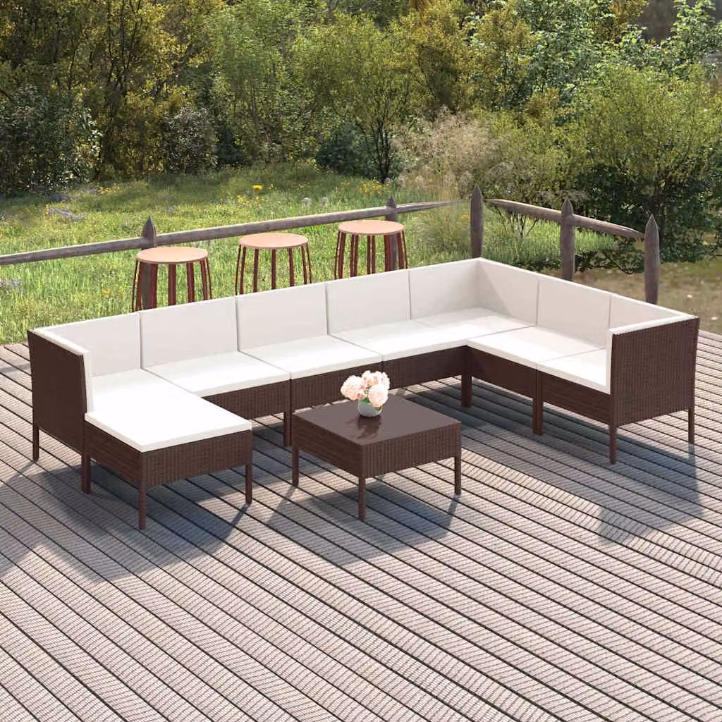 vidaXL Set Divani da Giardino 9 pz in Polyrattan Marrone e Bianco con Cuscini e Tavolino