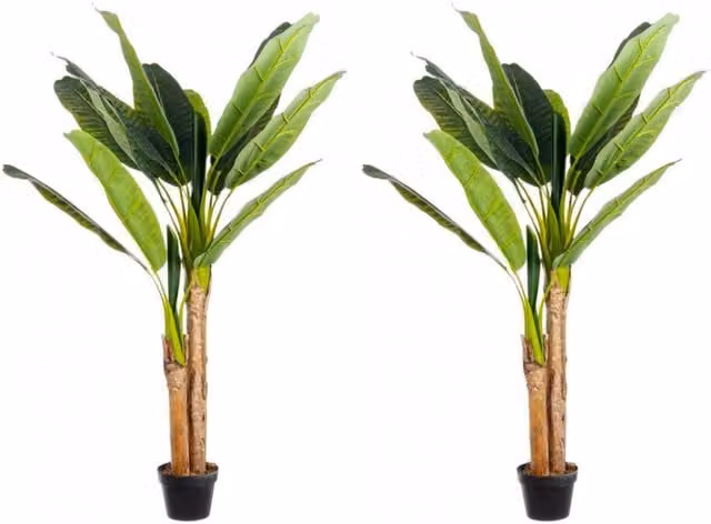 Set 2 Piante Artificiali di Banano 135 cm in Plastica con Vasi Verde