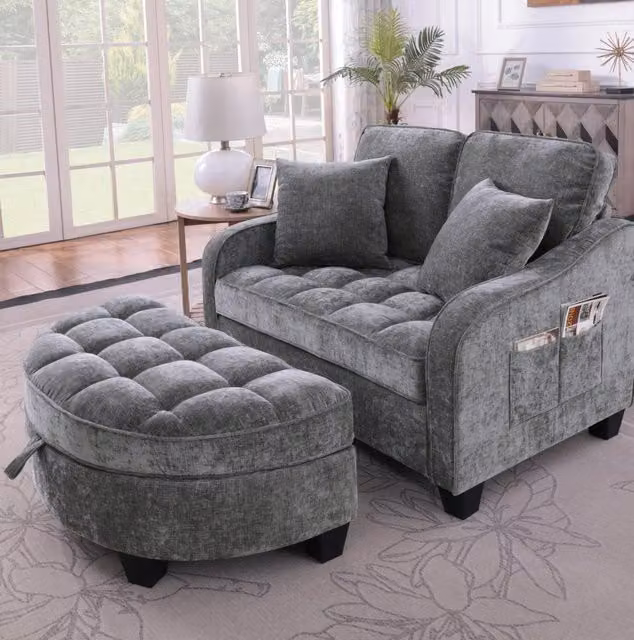 Divano letto 2 in 1 con pouf contenitore; 132x129x93 cm; eucalipto; grigio scuro