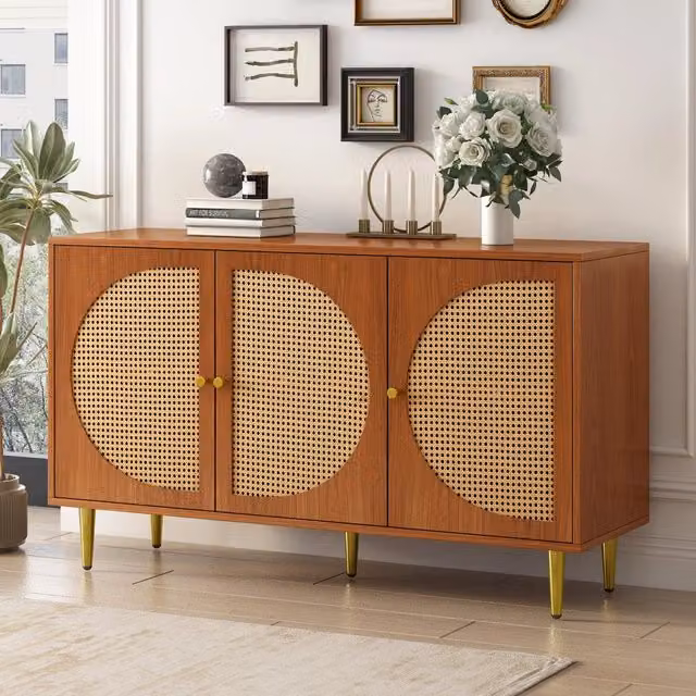 Credenza con 3 ante in rattan e gambe in metallo ripiani regolabili noce 129;8 × 40 × 76 cm