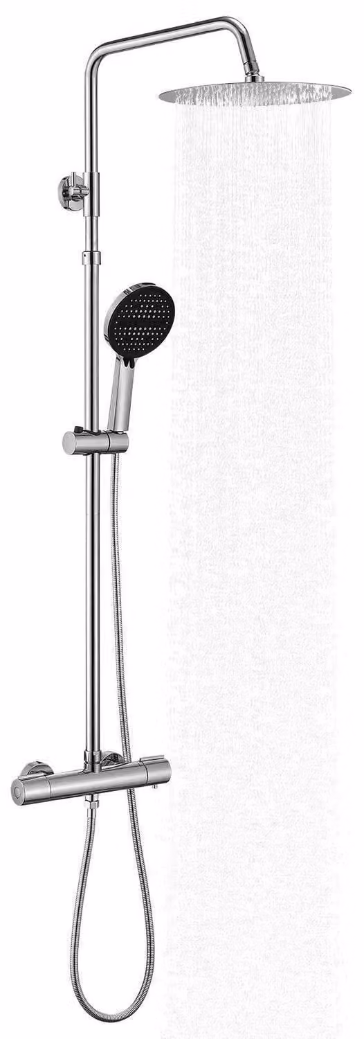 Sistema doccia con termostato, cromato, altezza 300 mm. Doccia a pioggia, forma circolare, diametro 30 cm