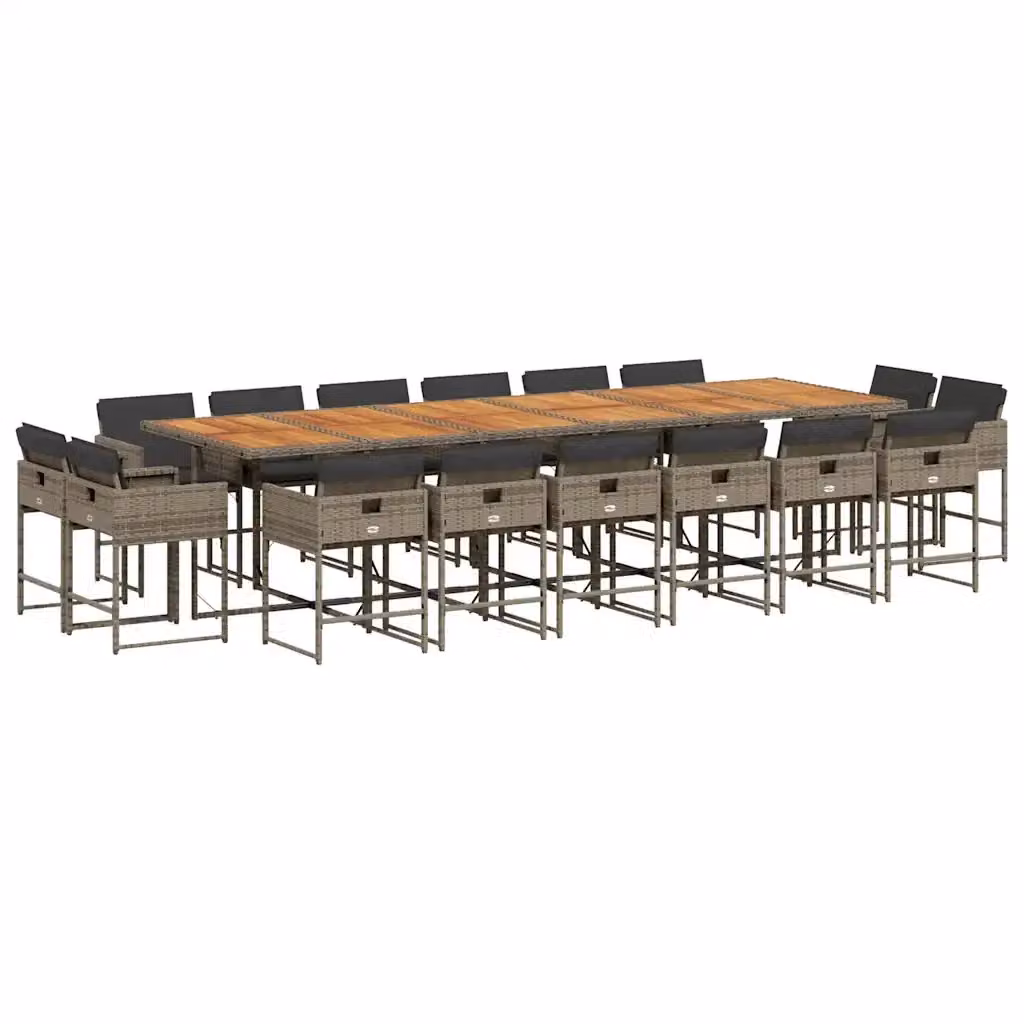 Set da pranzo da giardino vidaXL in polyrattan e legno di acacia con cuscini grigi, tavolo rettangolare estensibile e 17 pezzi – 2
