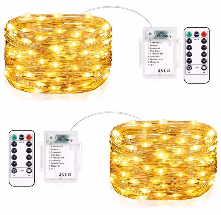Catena luminosa da 2 x 10 metri, 100 LED, alimentazione a batteria, timer, luce bianca calda