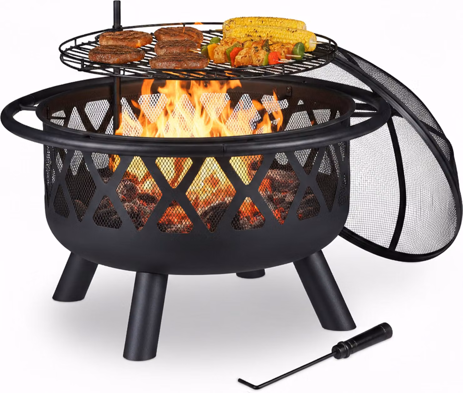Relaxdays Braciere con griglia, parascintille e attizzatoio, Ø 75 cm, acciaio, braciere da giardino e terrazza, nero
