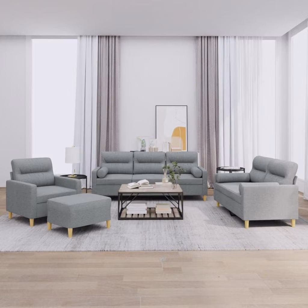 Set di Divani vidaXL 4 Pezzi Moderno in Tessuto Grigio con Cuscini e Ottoman – 1