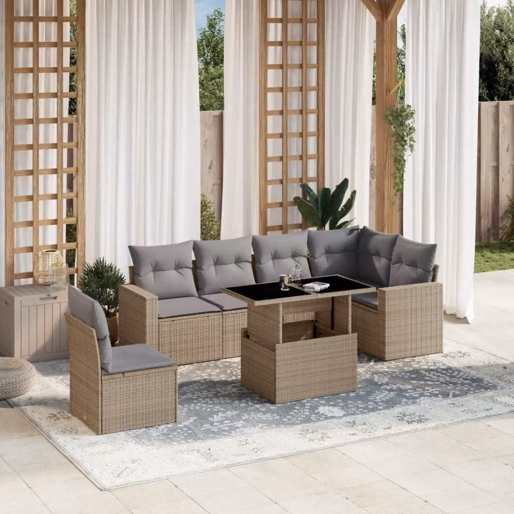 Set di divani da giardino vidaXL in polyrattan beige con cuscini e tavolino da esterno a forma di L – 1