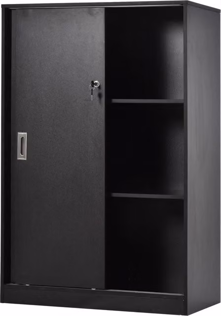 Armadio da ufficio moderno con 2 ante scorrevoli bloccabili e ripiani interni, colore nero opaco, L/P/H: 80 x 40 x 120 cm