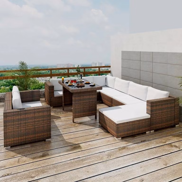 The Living Store Set da giardino da 10 pezzi con cuscini in poly rattan marrone