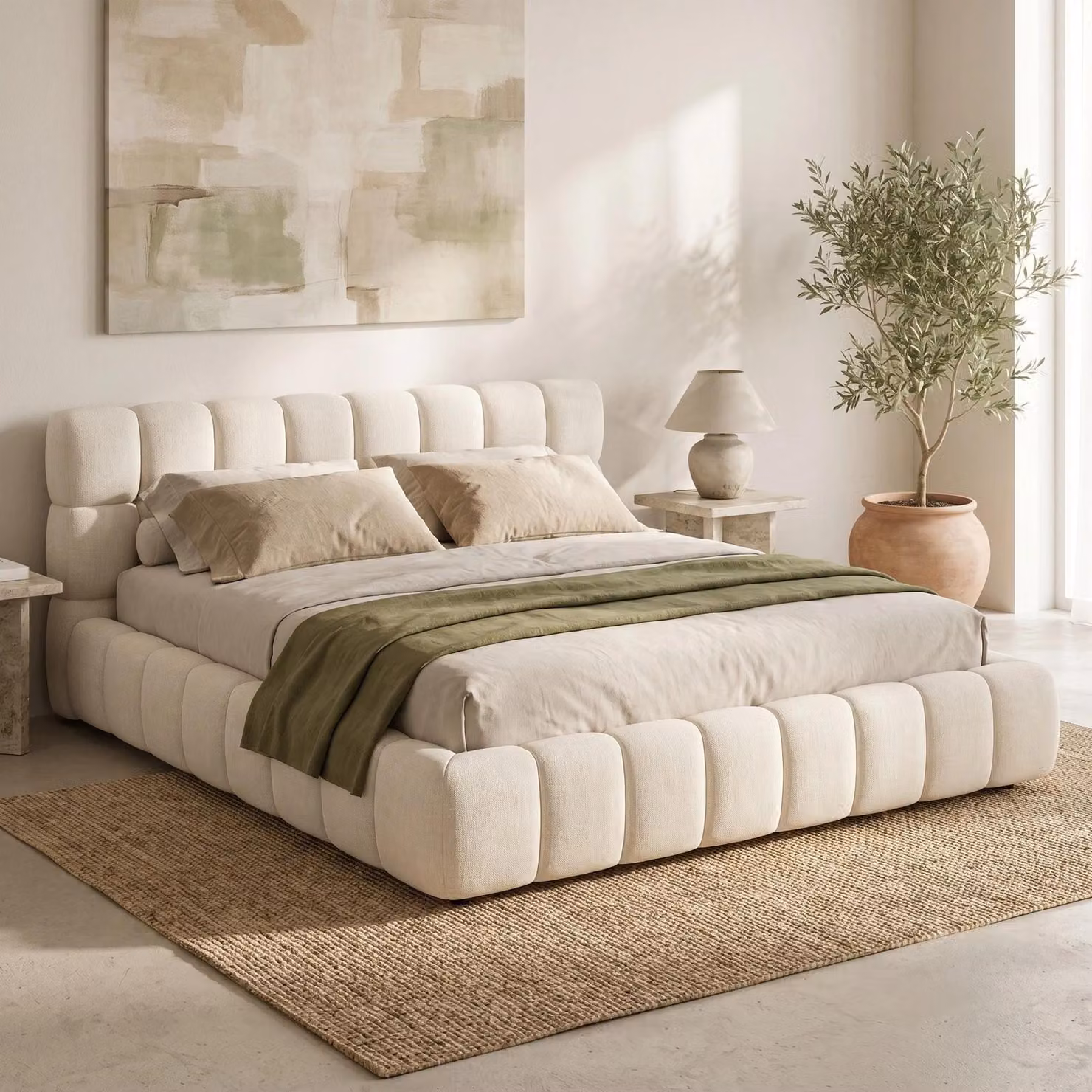 Letto imbottito INONEFT modello Bubble, 140x190 cm, letto matrimoniale con rete a doghe, letto per ragazzi con testiera e schienale imbottiti, tessuto in lino, colore beige