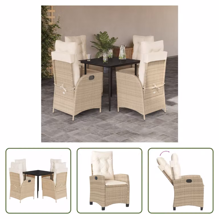 The Living Store Set da pranzo da giardino 5 pezzi con cuscini Beige poly rattan