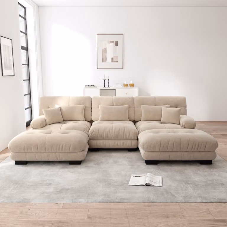 Divano angolare a forma di "L" in tessuto chenille, modello "Cloud Couch", con poggiapiedi, trasformabile in letto (colore: marrone chiaro)