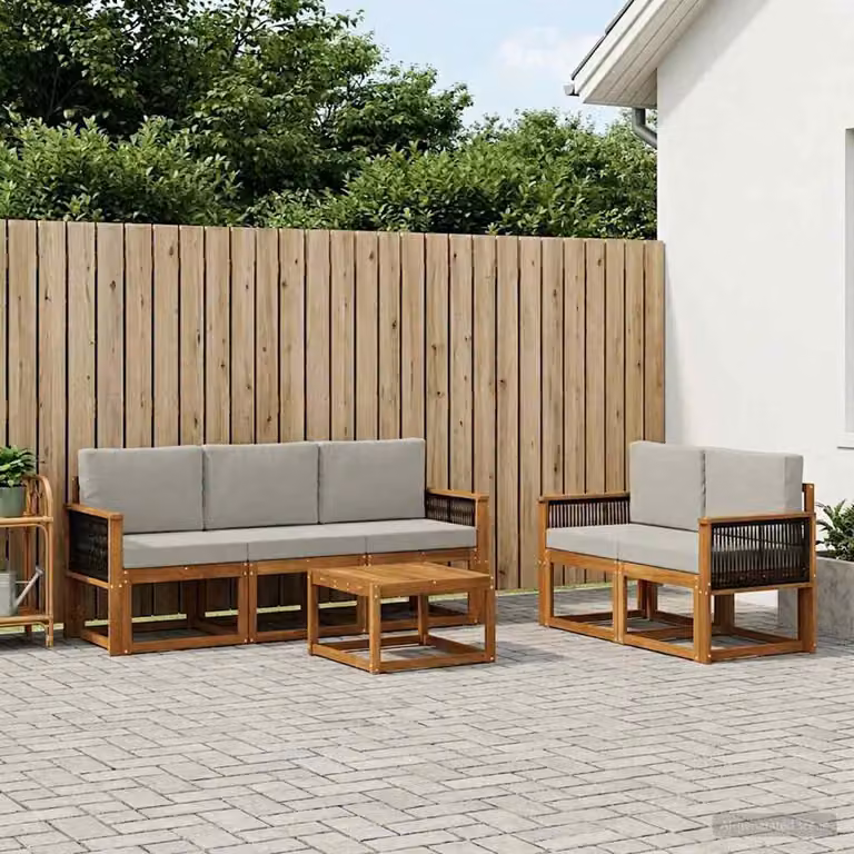 Set di divani da esterno a L con tavolino vidaXL in legno di acacia, 6 pezzi, Beige, Grigio e Marrone