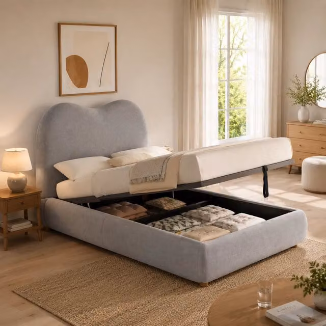 Letto singolo imbottito in lino grigio 90×200 cm per bambini, con contenitore idraulico, testata imbottita da 11 cm e rete a doghe, senza materasso