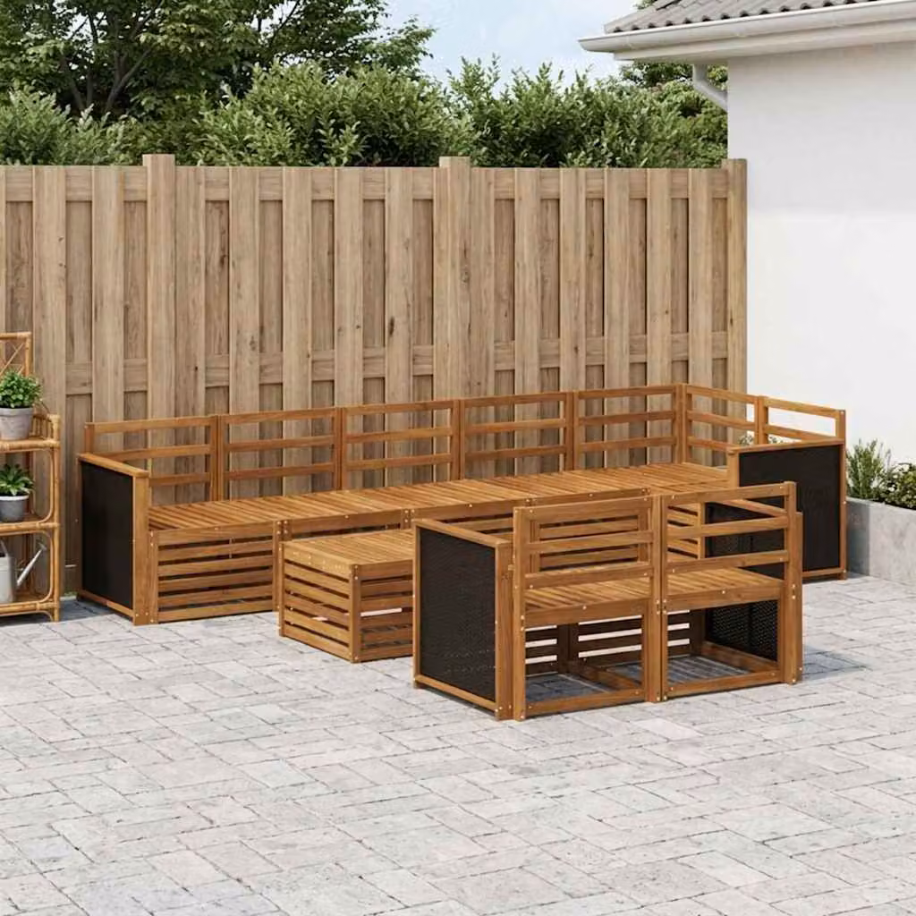 Set di divani da esterno vidaXL in legno di acacia massello 8 pz con cuscini, colore marrone e bianco, design moderno a L con tavolino da caffè