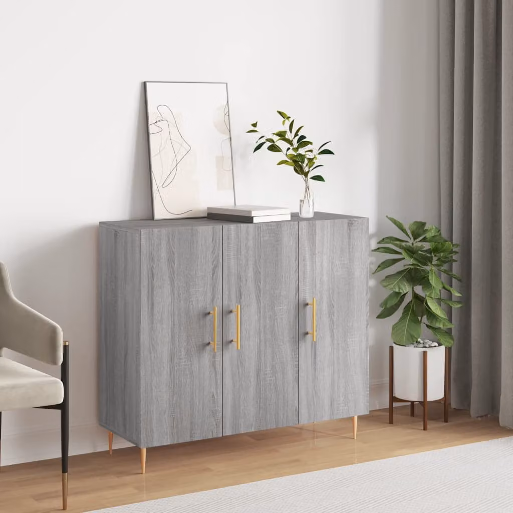 Credenza moderna vidaXL in legno multistrato e metallo, colore grigio, L 90 cm x P 34 cm x H 80 cm