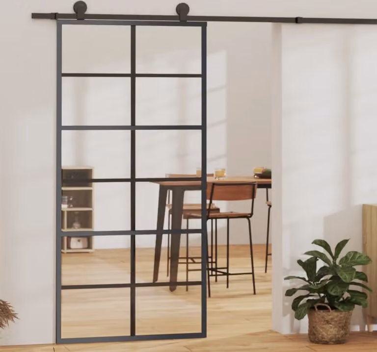 The Living Store Porta scorrevole ESG in vetro e alluminio 90x205 cm Nero