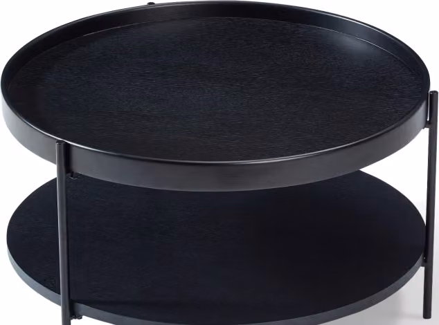 Tavolino rotondo con doppio vassoio in legno massello e metallo, 69x69x38 cm, disponibile in rovere naturale, noce e nero